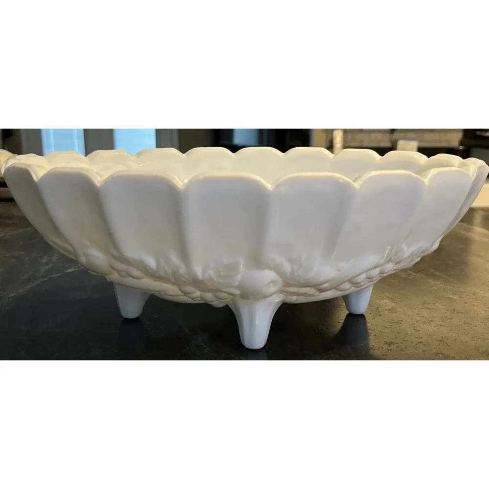 Vintage Indiana Glass Harvest Colony Embossed Oval Footed Milk Glass Fruit Bowl